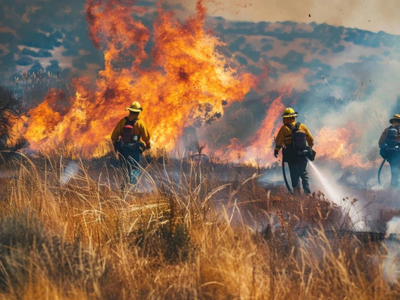flames spreading through dry grass and brush in a wildfire, with firefighters on scene to control the blaze