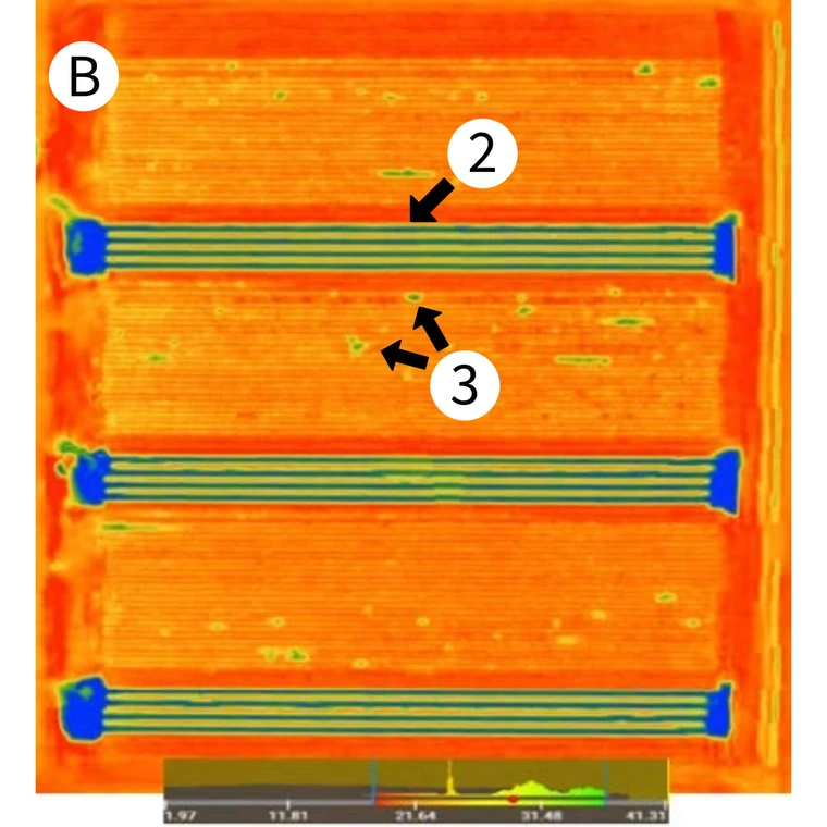 Surface temperature overhead drone photo of agriculture field