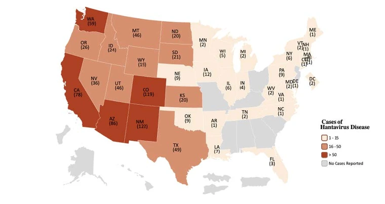 heatmap showing hantavirus cases in us 1993 through 2022