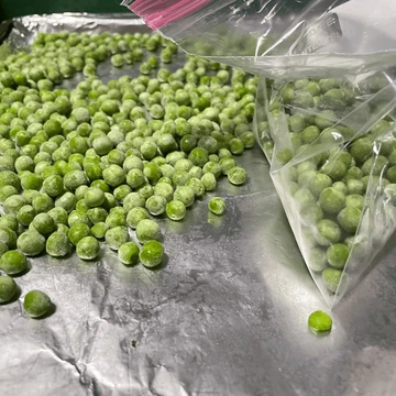 frozen peas on baking sheet being put into plastic bag for storage